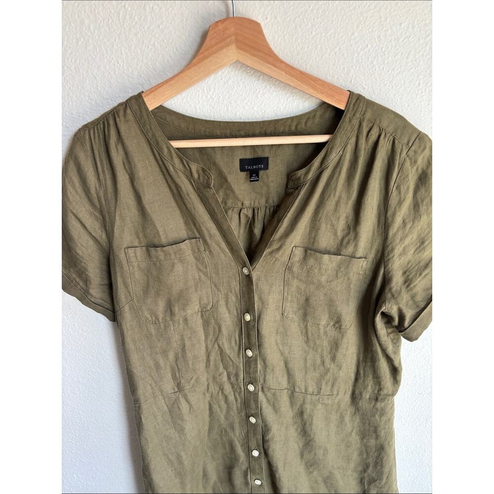 TALBOTS Linen Shirtdress Womens Olive Neutral 12 - Picture 3 of 8
